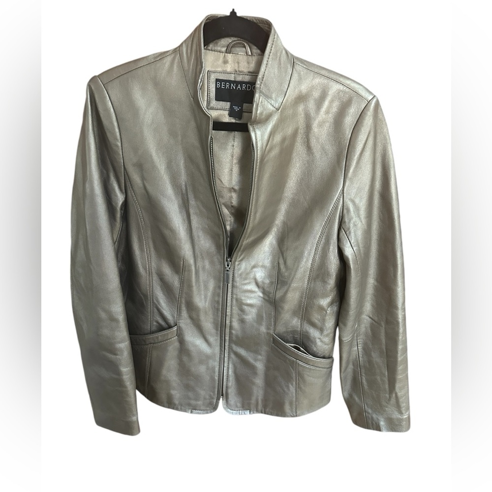BERNARDO Bronze Leather Metallic Zip Front Moto Jacket Size M